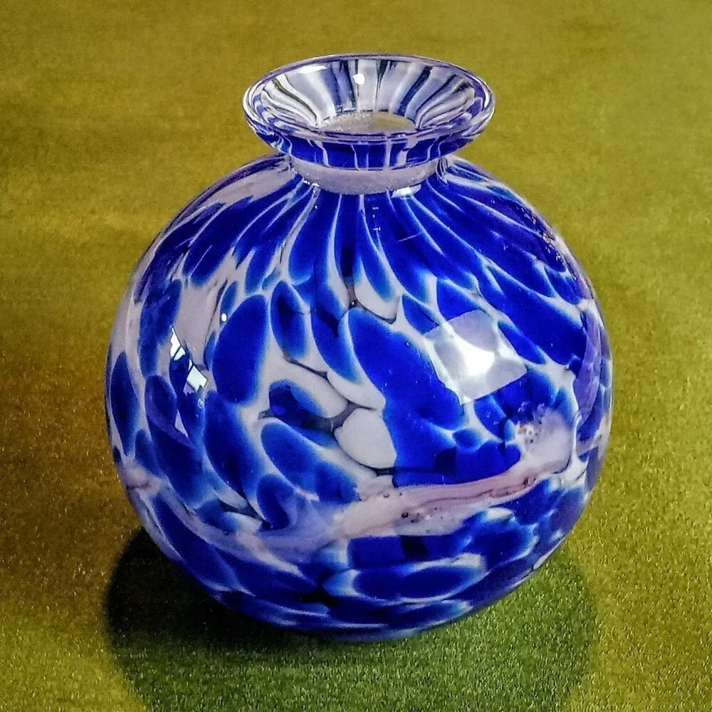 Blue White Gold Aventurine Art Glass Small Vase